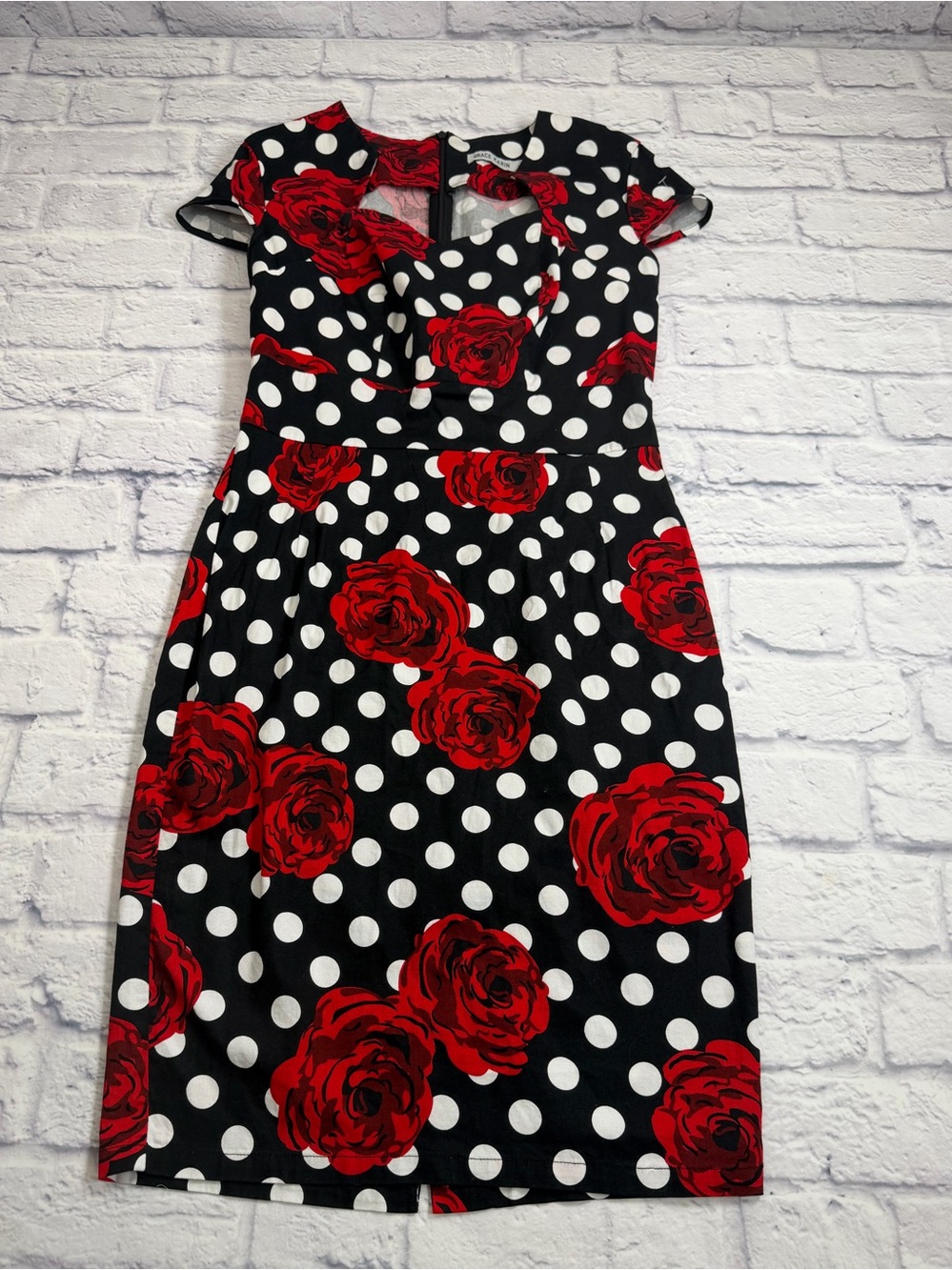 Grace Karin Black Dress with White Polka Dots and Red Rose Print. Size S.